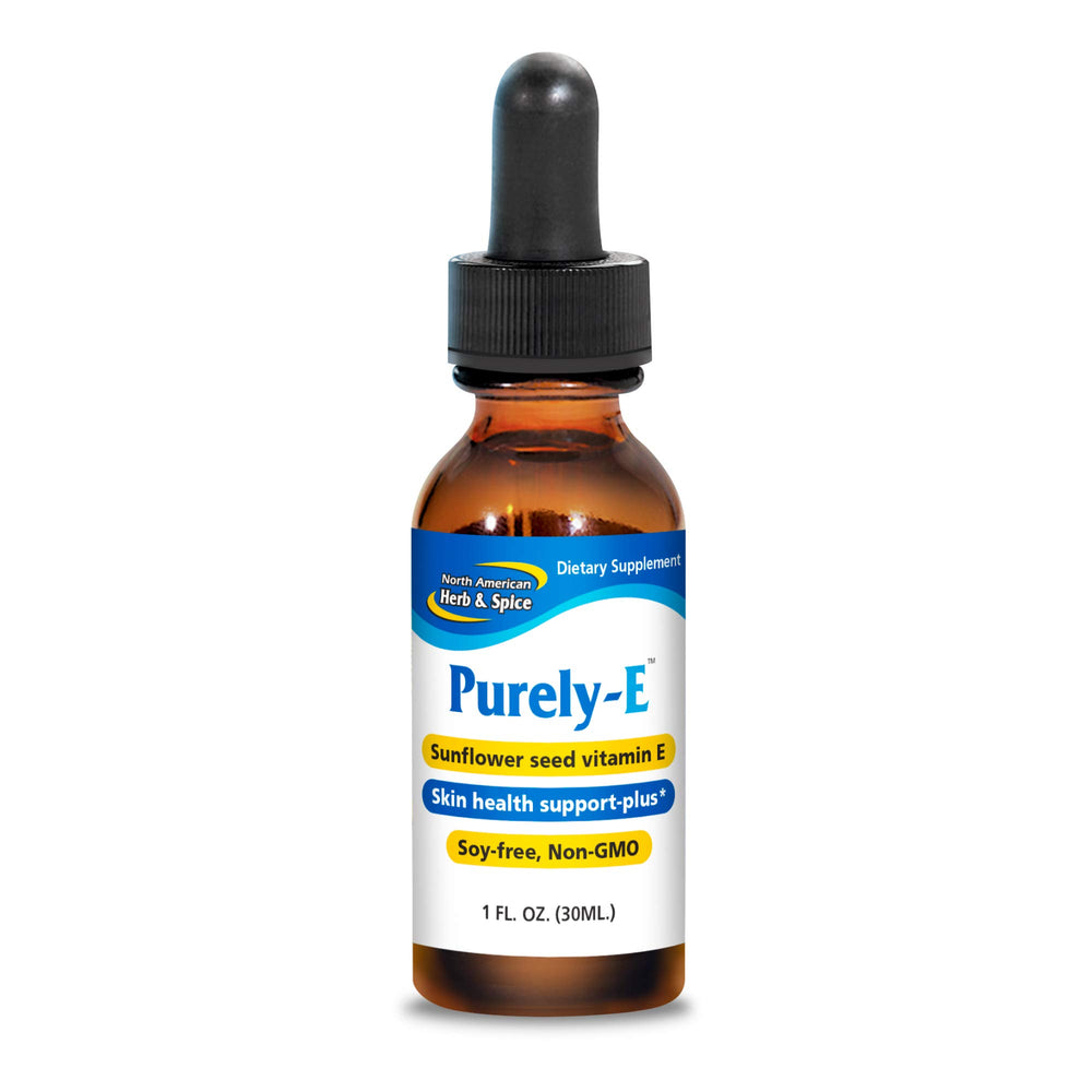 North American Herb & Spice Purely-E bottle closeup, highlighting antioxidant-rich vitamin E.