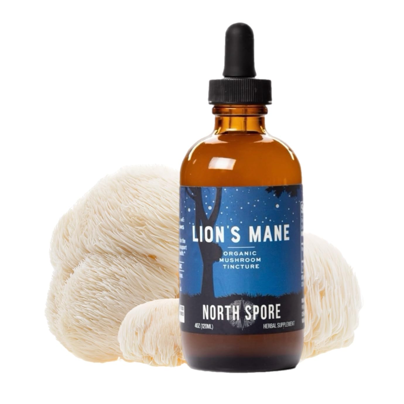Back label on North Spore Lion's Mane Tincture 4 oz bottle