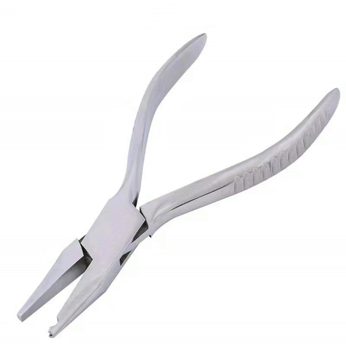 Close-up of nose pad adjusting pliers gripping eyeglass nose pad