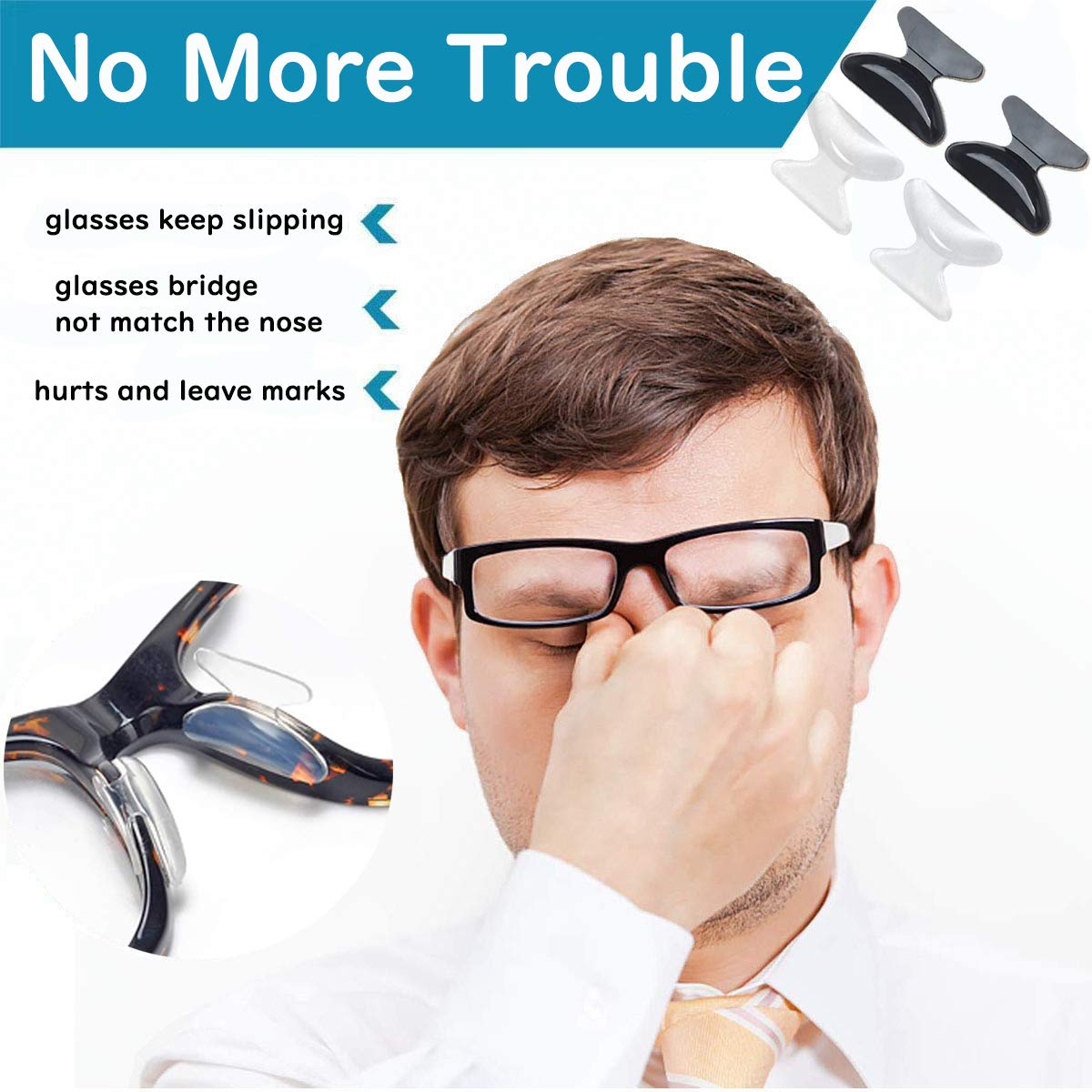 Silicone nose pads in white color attached to eyeglasses