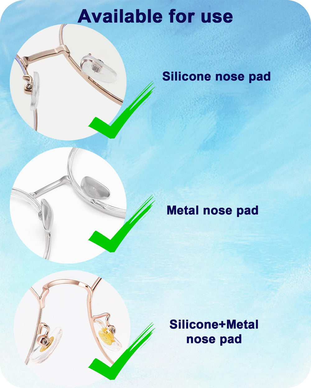 Nose pads compatible with glasses frames that have independent nose rests