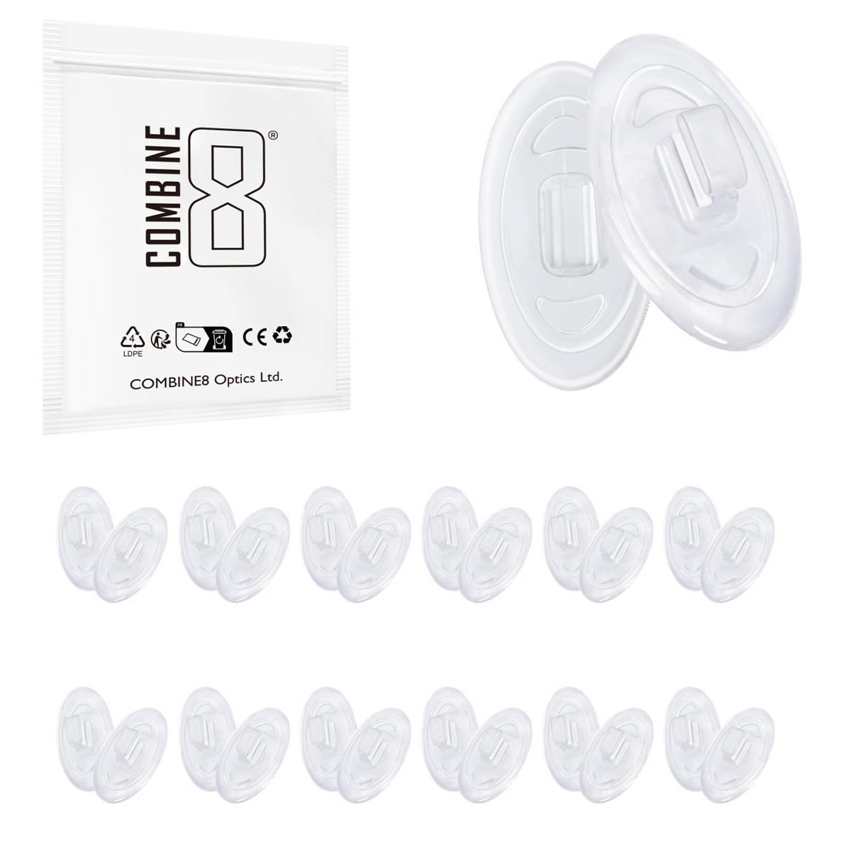 Twelve pairs of clear silicone nose pads compatible with Oakley and Maui Jim sunglasses