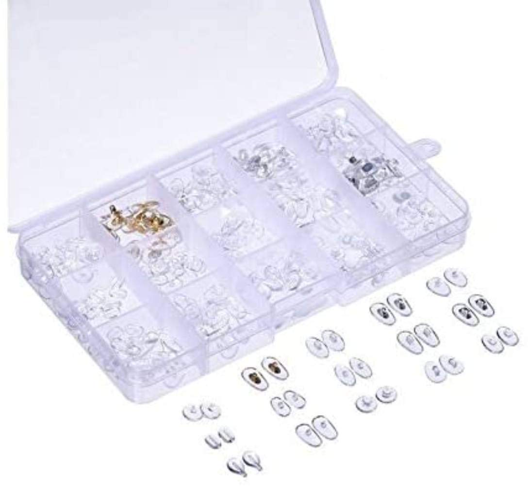 Plastic storage case displaying 15 nose pad styles for eyeglasses