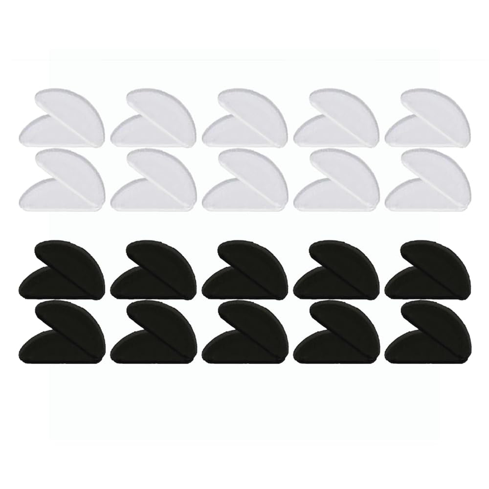 Ultra-thin 1mm silicone eyeglass nose pads, 19mm long, 20-pair set (10 clear, 10 black)