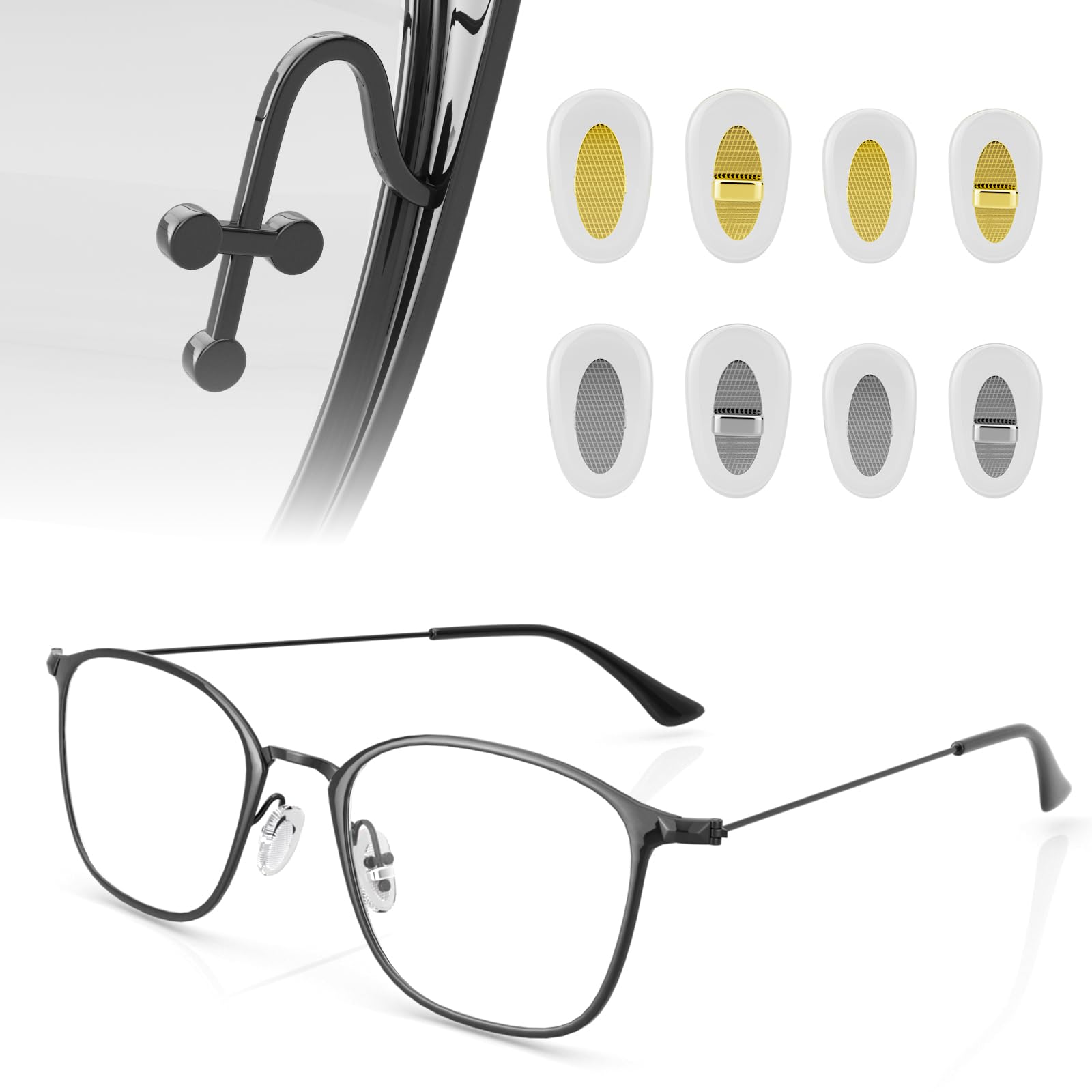 Four-pair anti-slip silicone eyeglasses nose pads kit in gold and silver tones