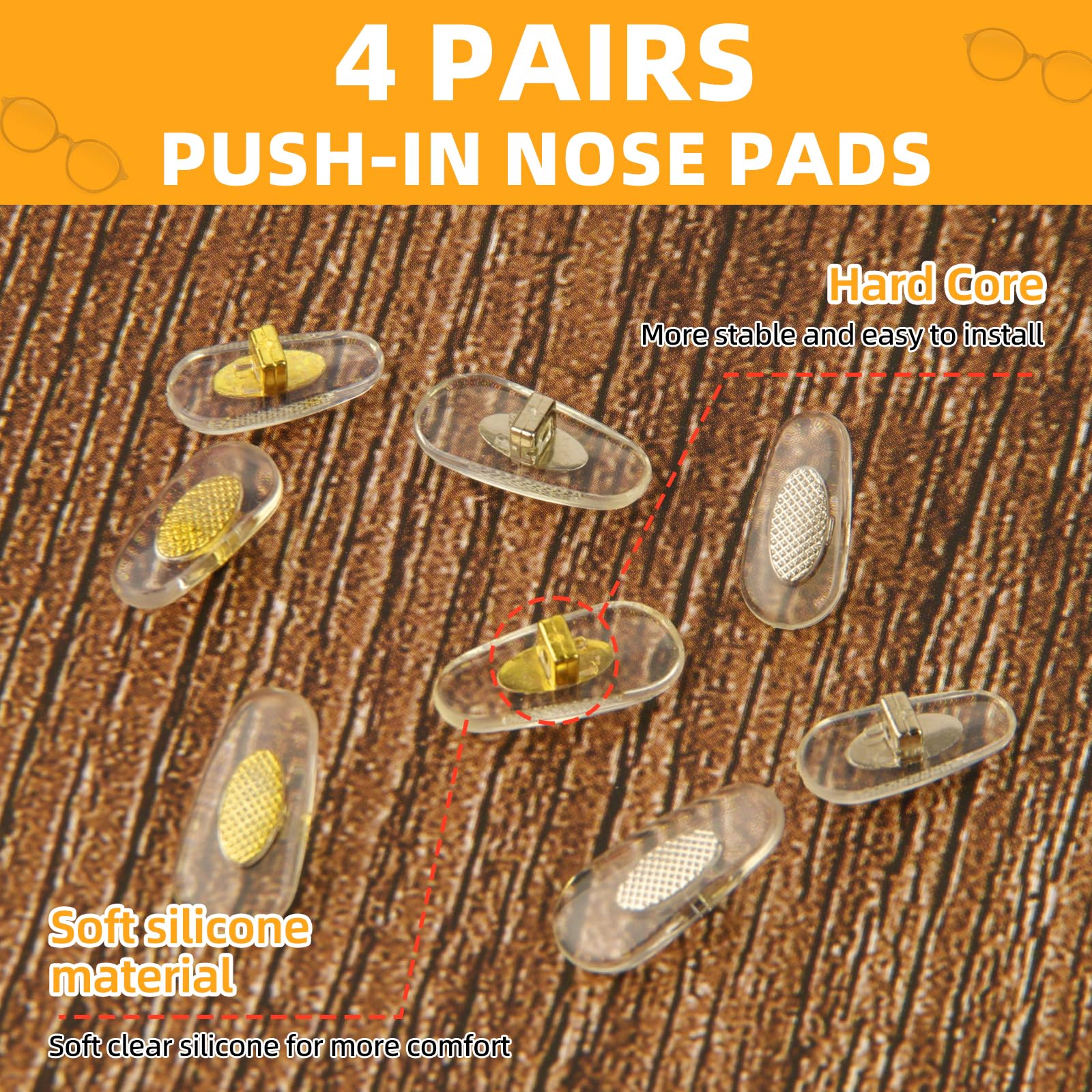 Push-in replacement nose pads for glasses
