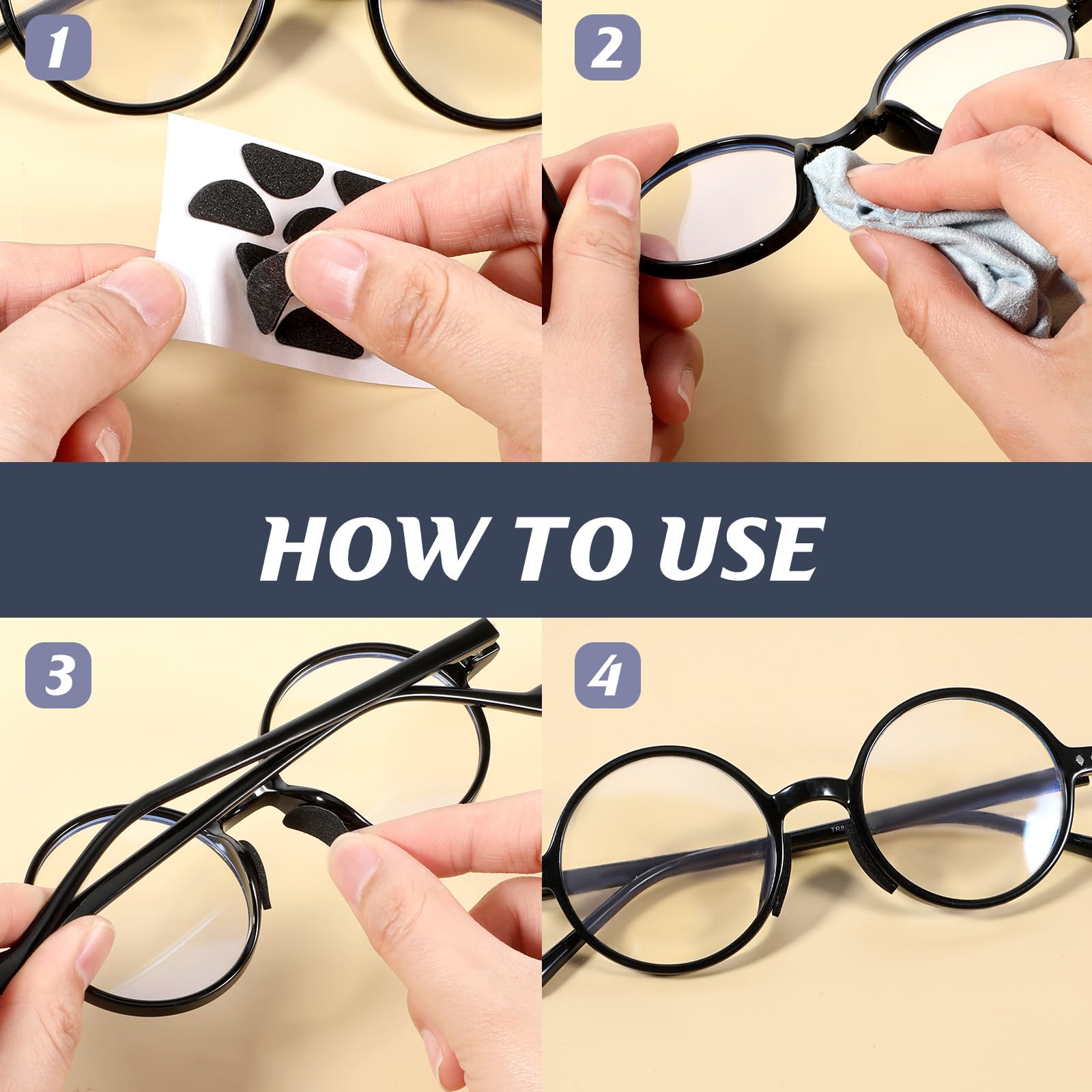 Nose pads being applied to a glasses frame