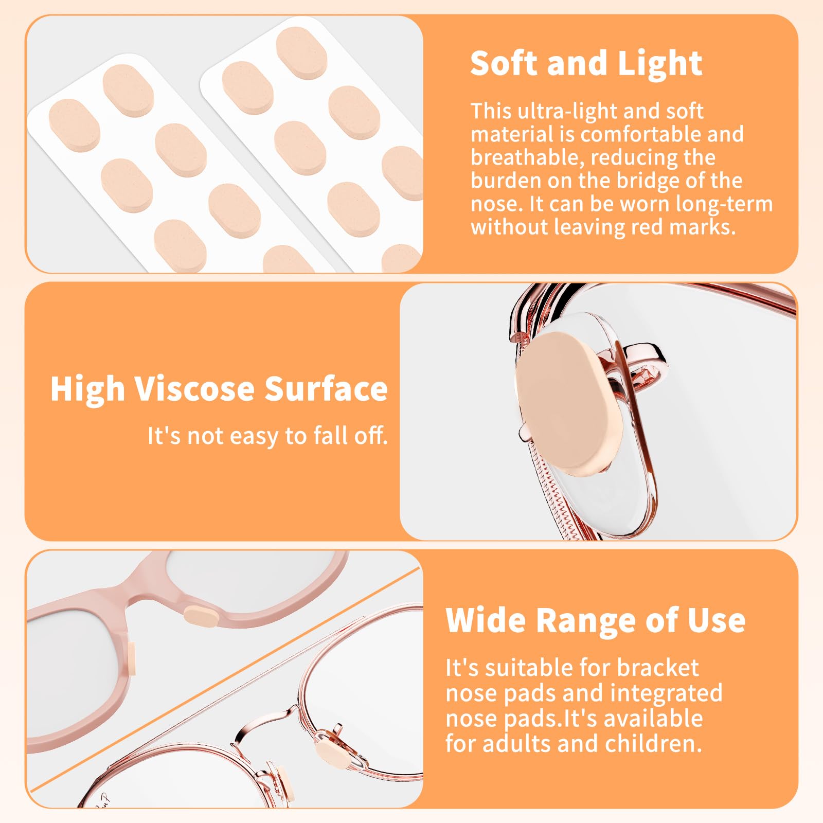Packaging showing 64 pairs of eyeglass nose pads