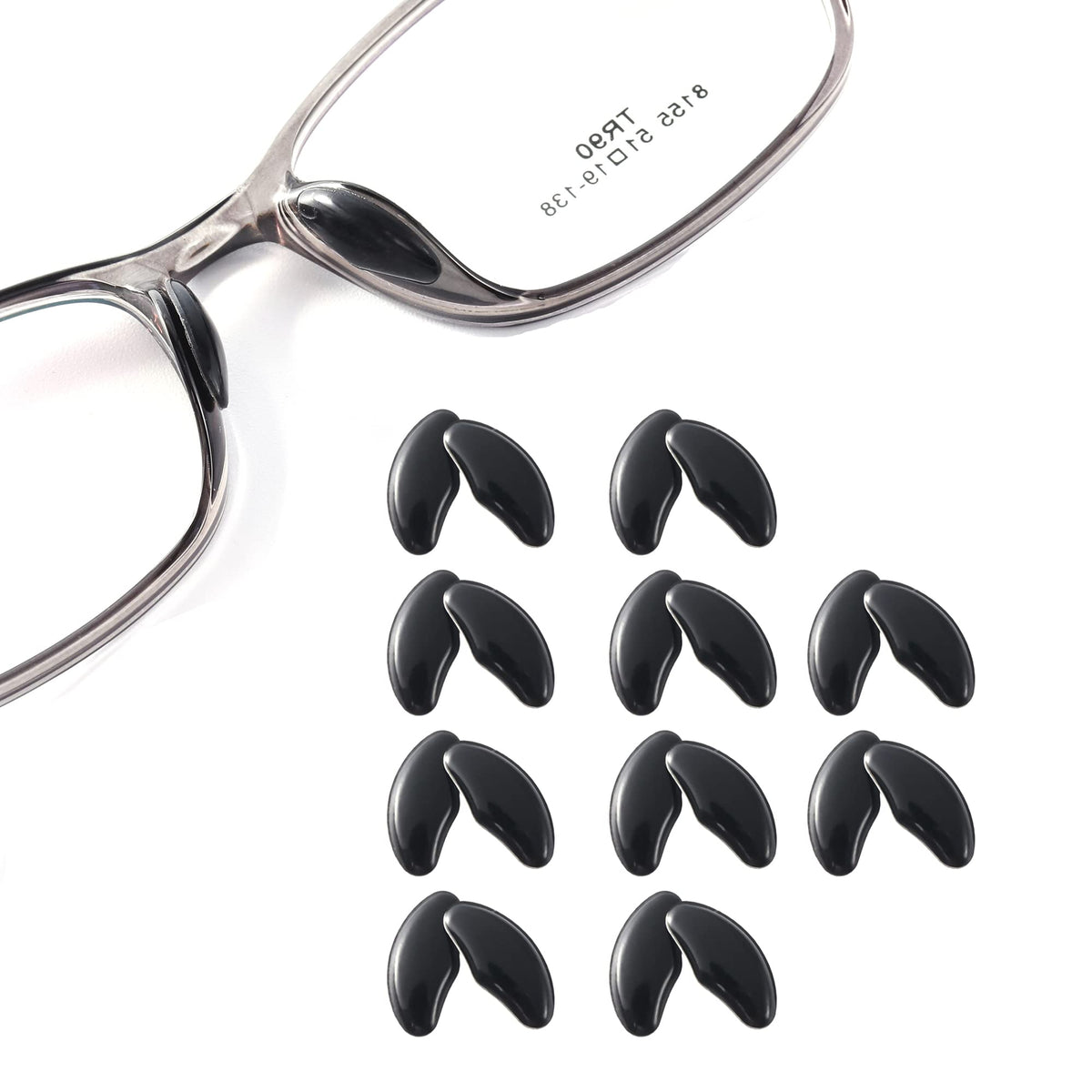 Transparent pea-shaped adhesive eyeglasses nose pads packaging front view