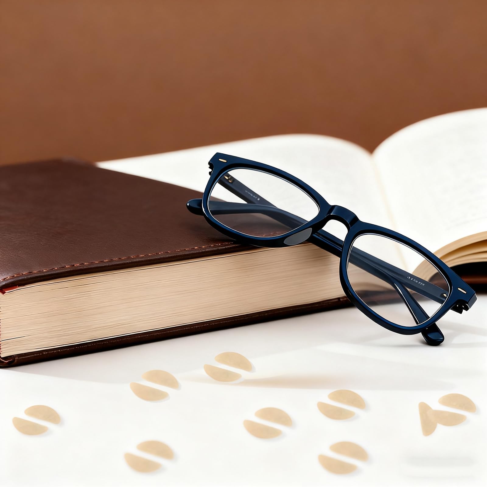 Adhesive stick-on clear nose pads applied to glasses