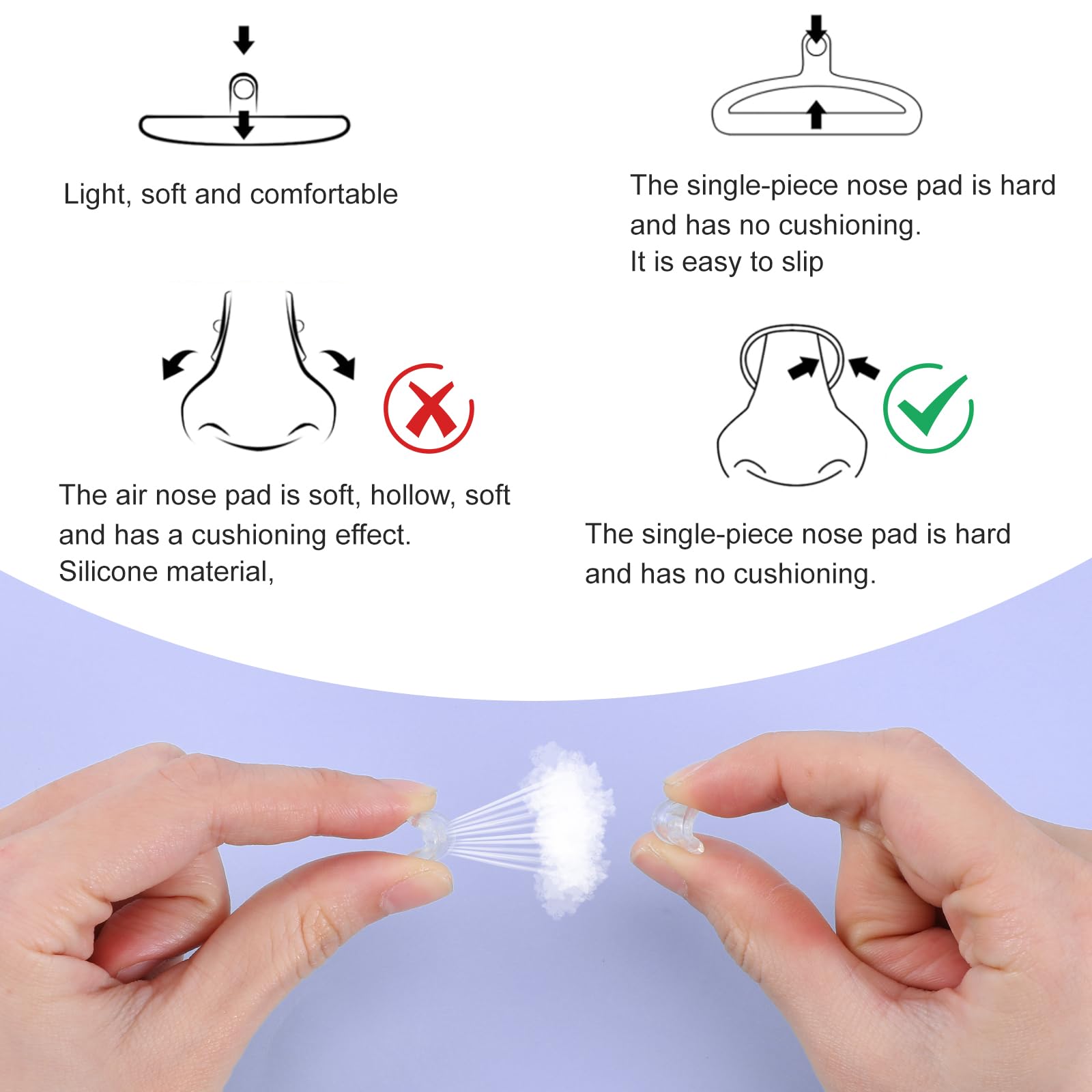 Nose pads, ear hooks and tweezers included in the kit