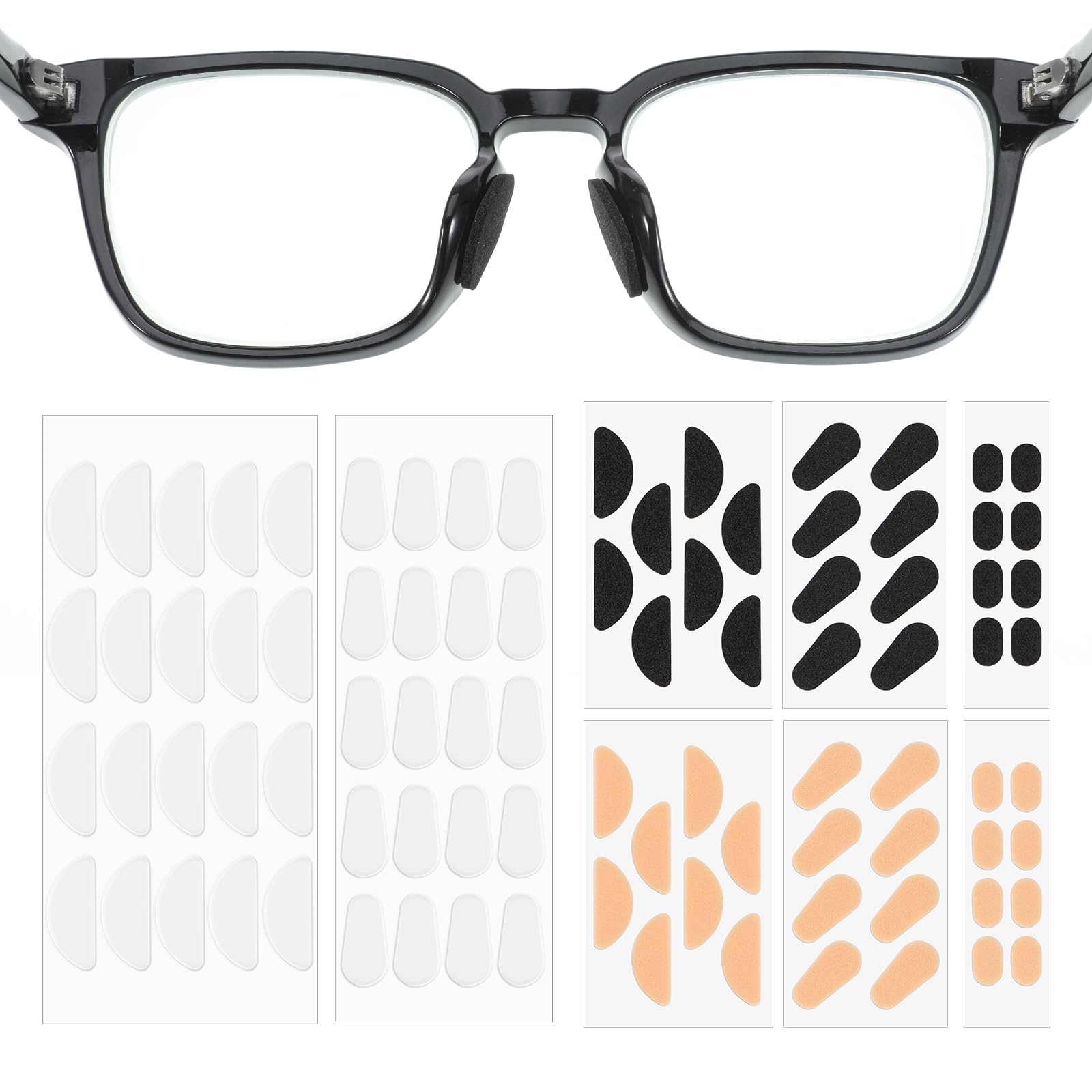 Assorted colors of eyeglass nose pads including skin, black, and transparent