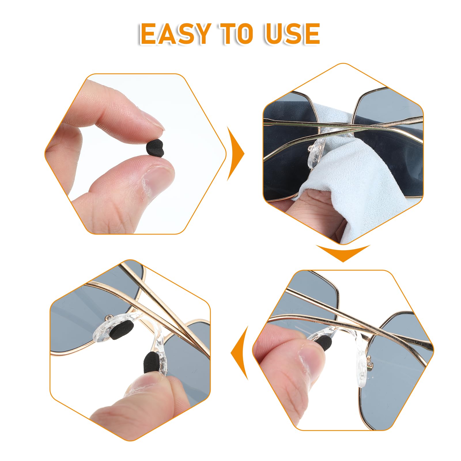 Nose pad applied to eyeglass frame showing anti-slip design