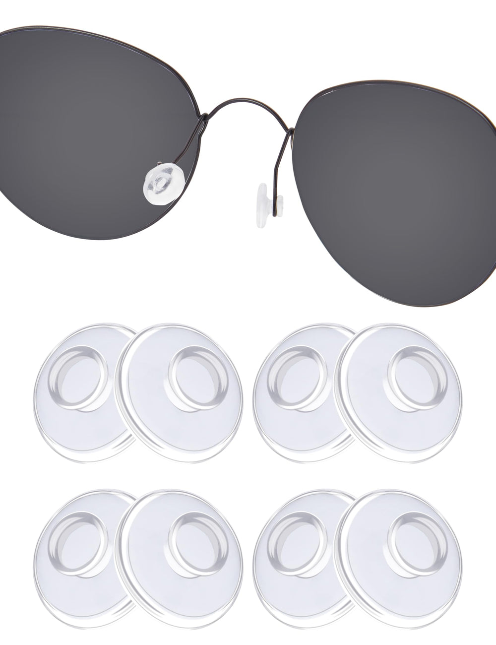 Front view of 4-pack clear silicone push-in nose pads (9x9x4mm)