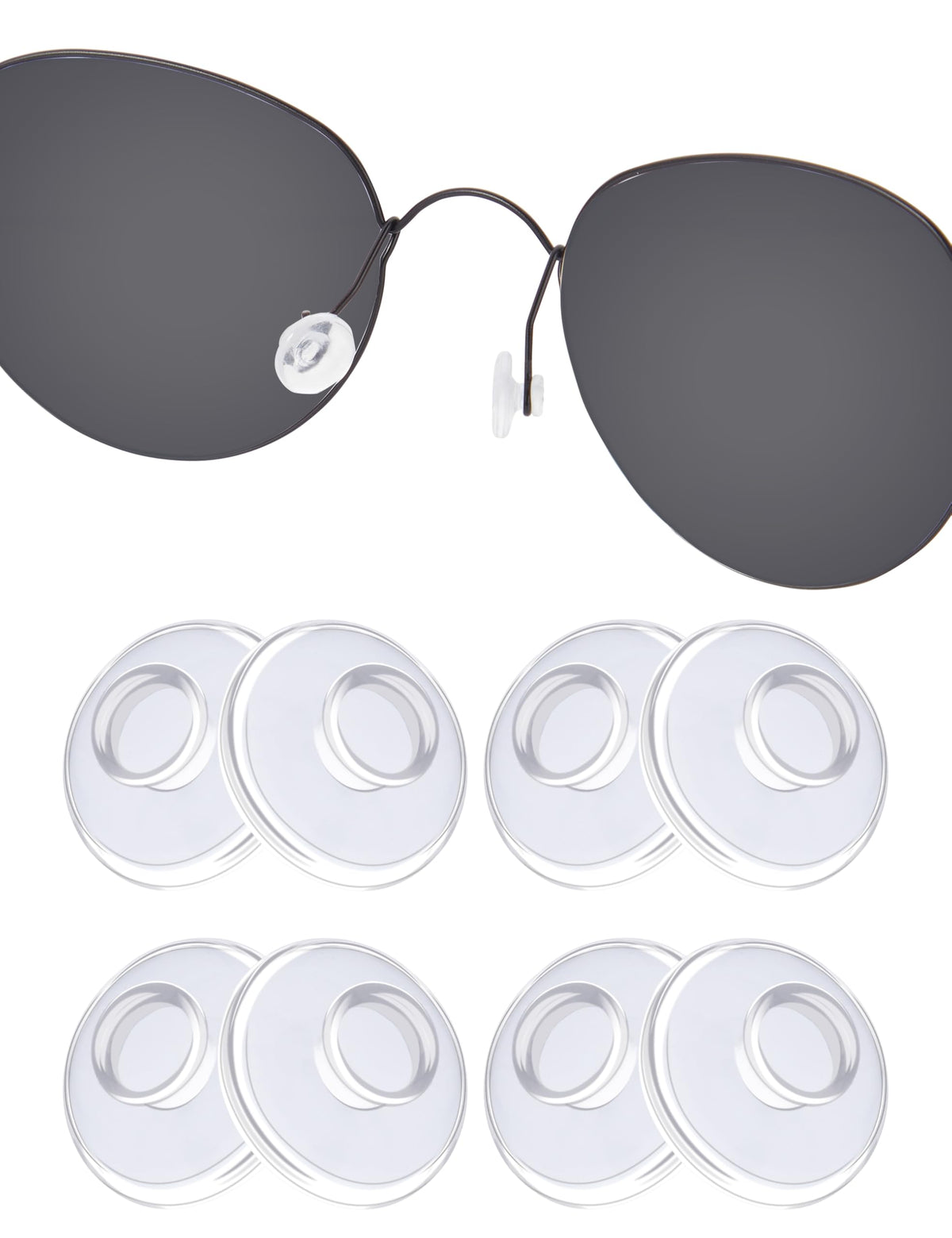 Front view of 4-pack clear silicone push-in nose pads (9x9x4mm)