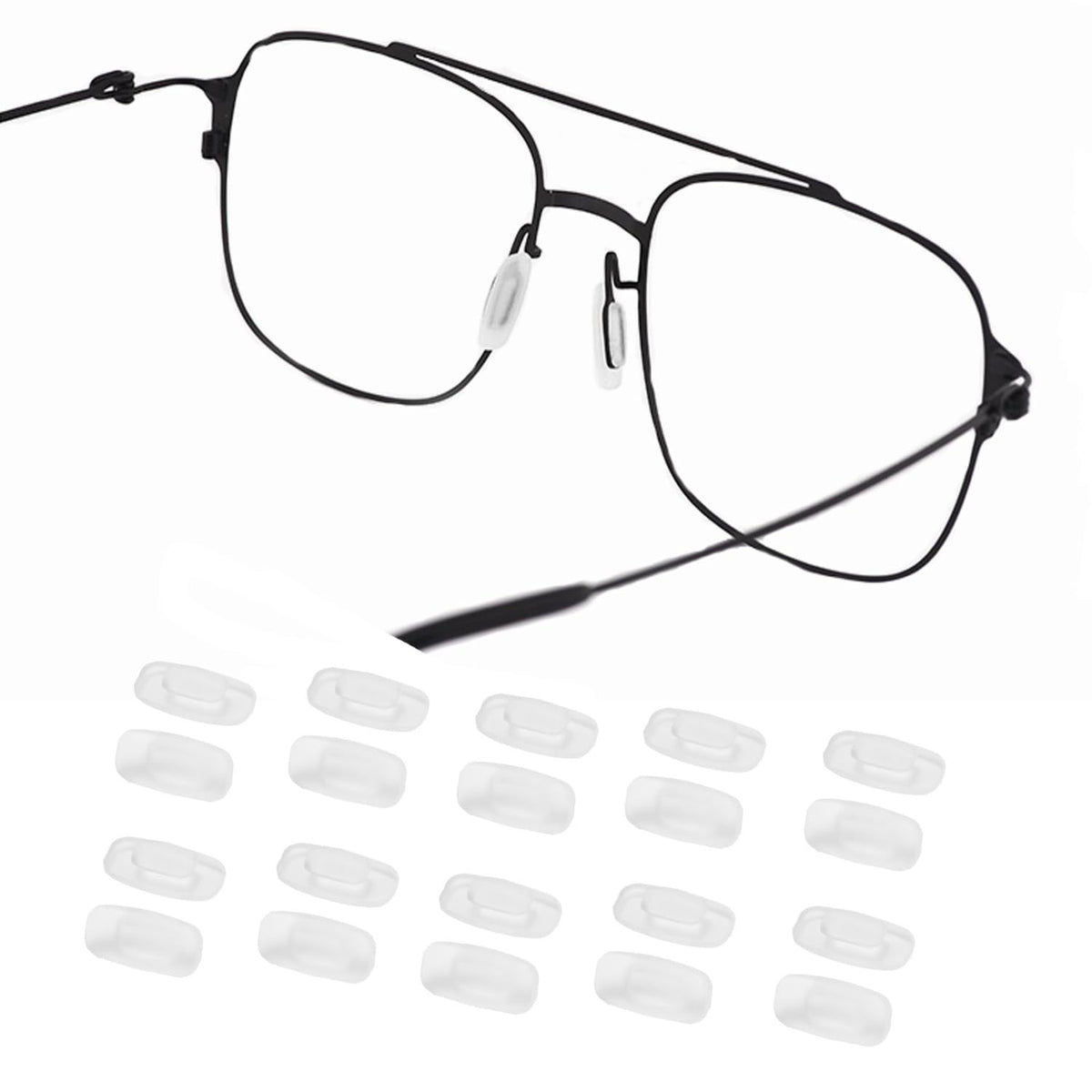 Close-up of soft silicone rectangle push-in eyeglass nose pads, 10 pairs, clear, M size
