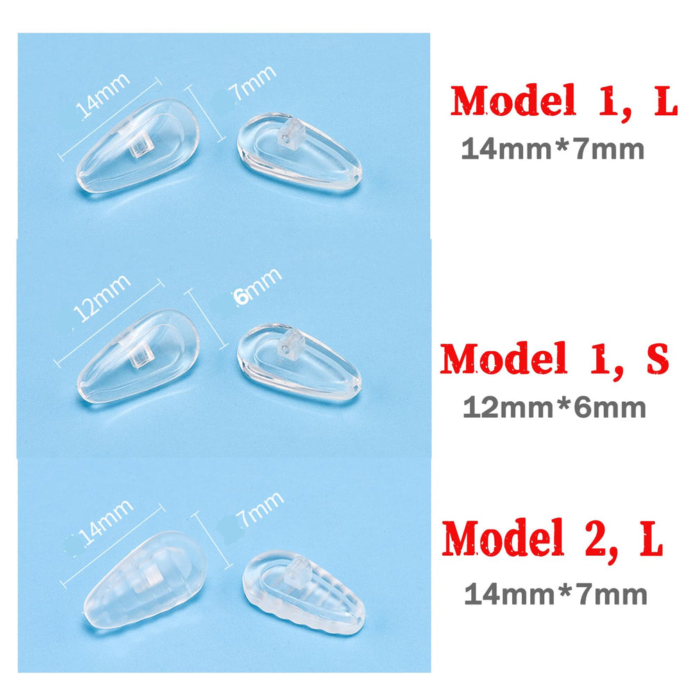 Nose pad size options L 14x7x3mm and S 14x6.5x2.5mm