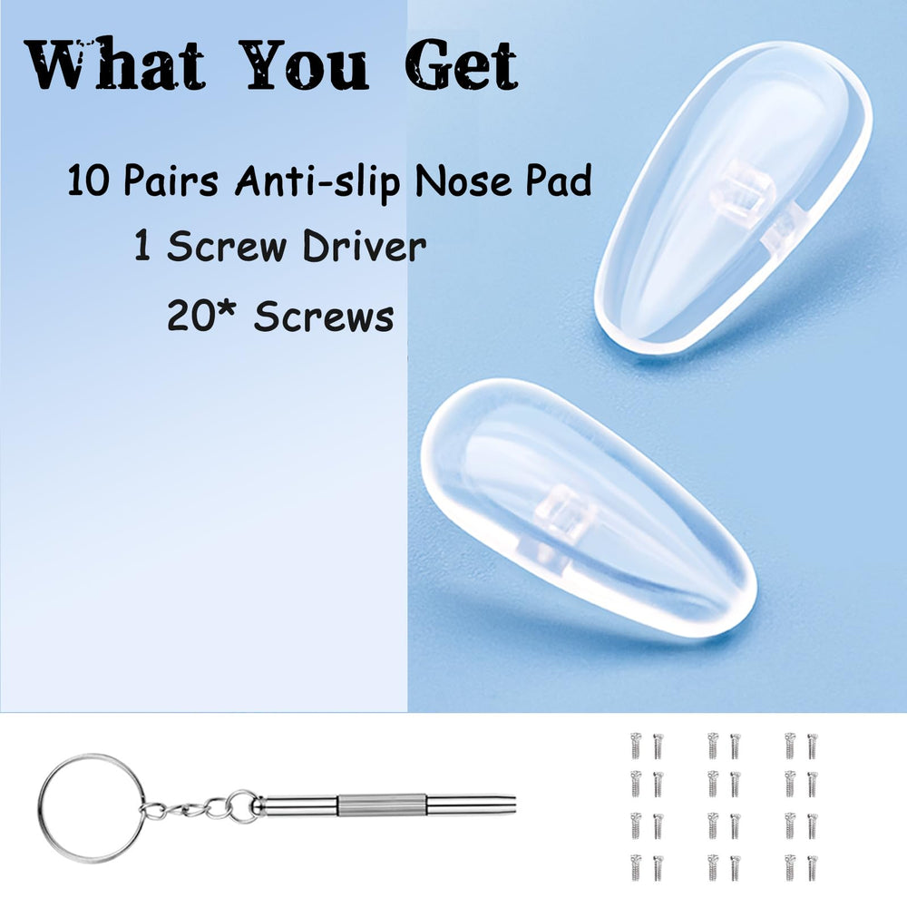 Kit contents: 10 nose pads, 10 tiny screws, micro screwdriver