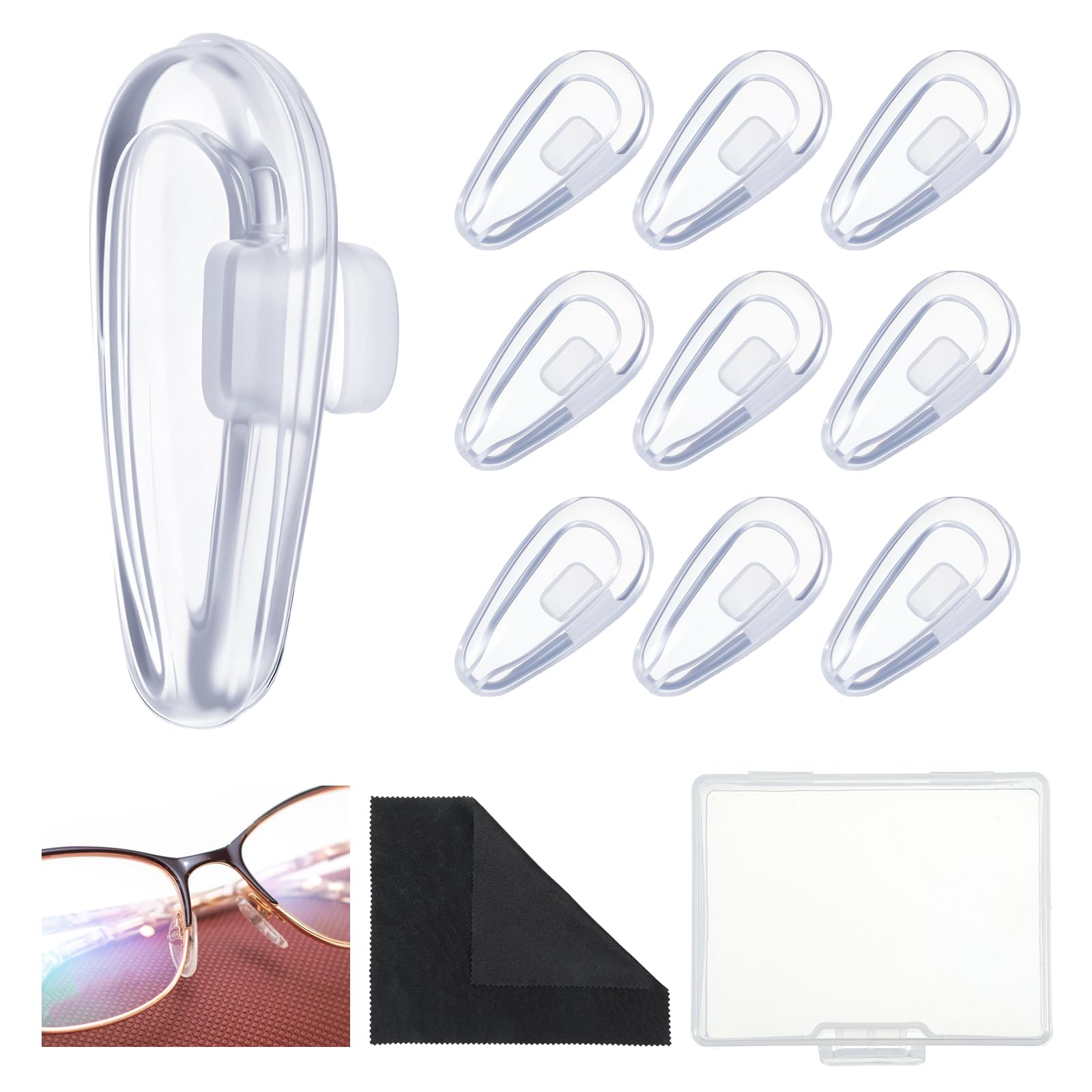 Clear silicone push-in eyeglass nose pads showing 14.2mm size