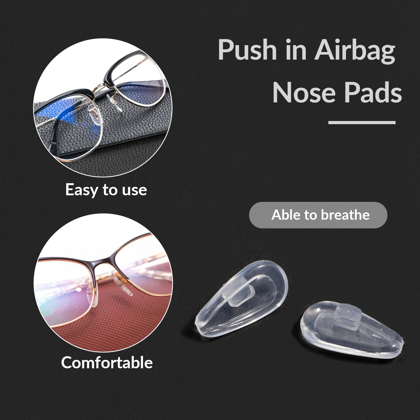 Set includes 5 pairs of push-in nose pads, plastic box, and cleaning cloth