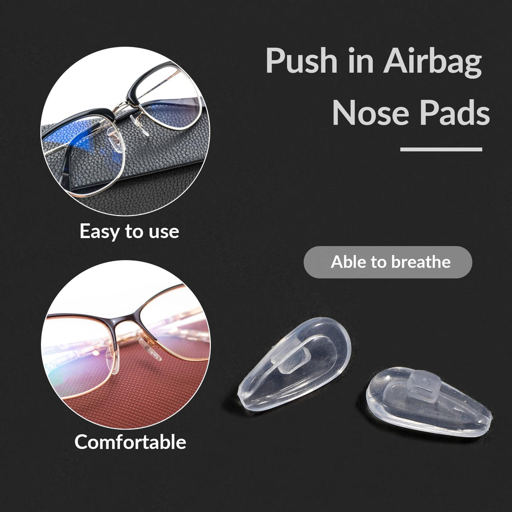 Set includes 5 pairs of push-in nose pads, plastic box, and cleaning cloth