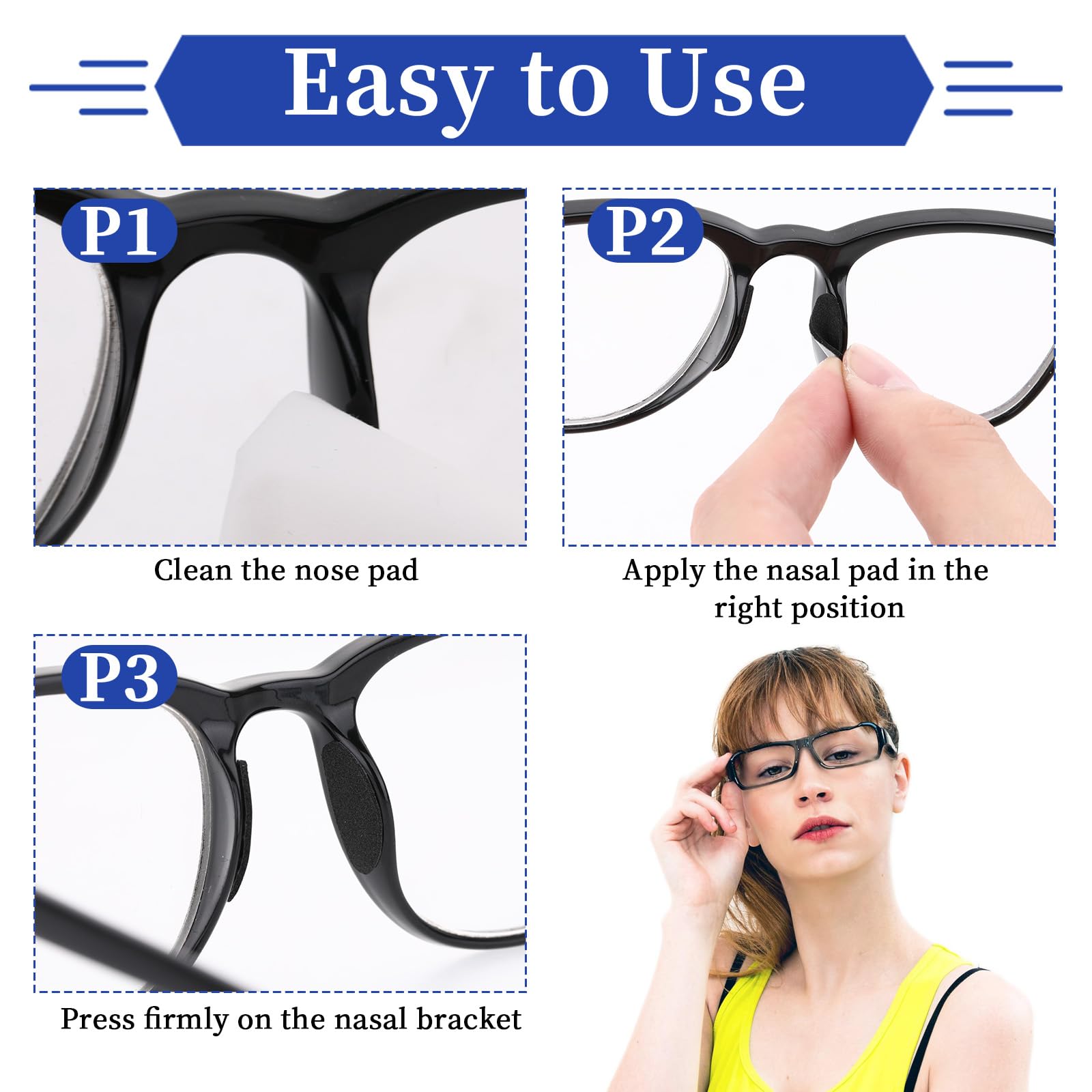 Adhesive nose pads applied to glasses frame