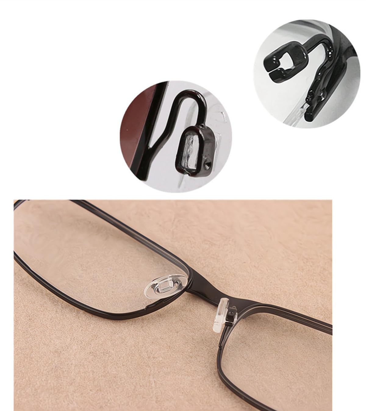 Push-in nose pads being installed on eyeglasses frame