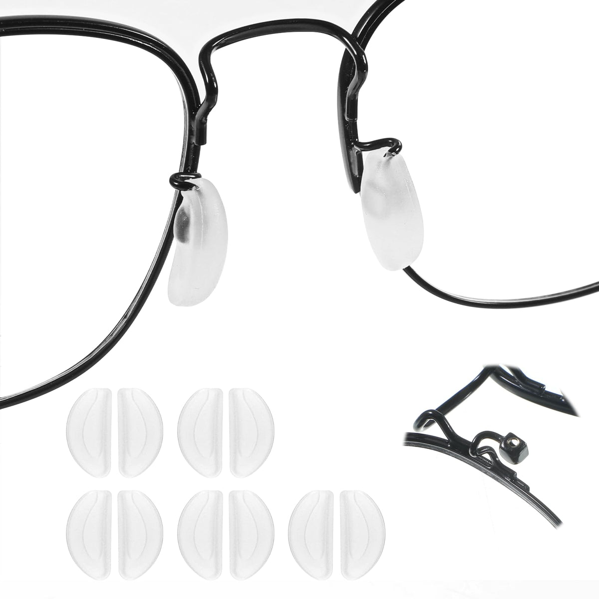 Close-up of white silicone anti-slip nose pads for rimless glasses