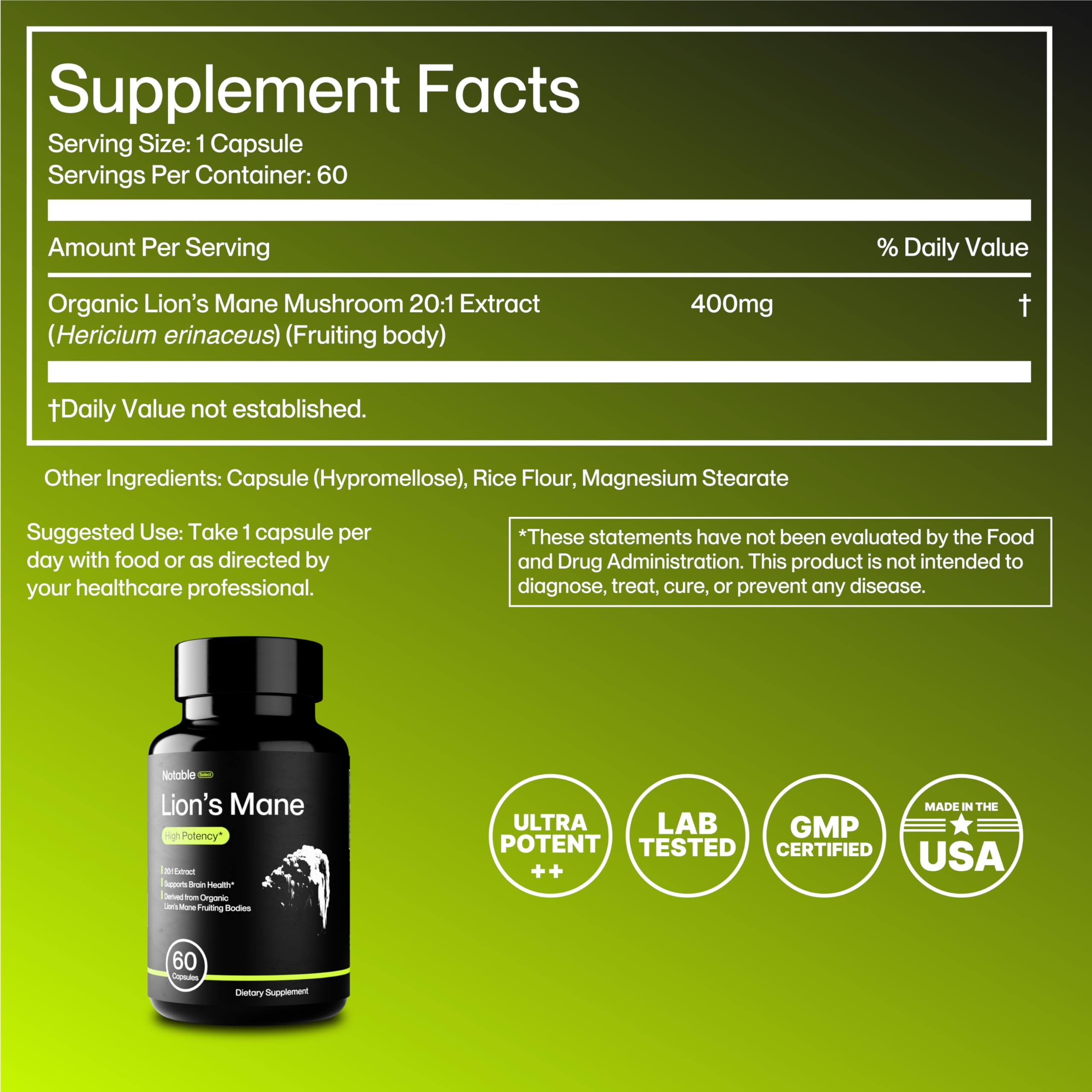 Third-party lab-tested purity seal for Notable Select Lion's Mane