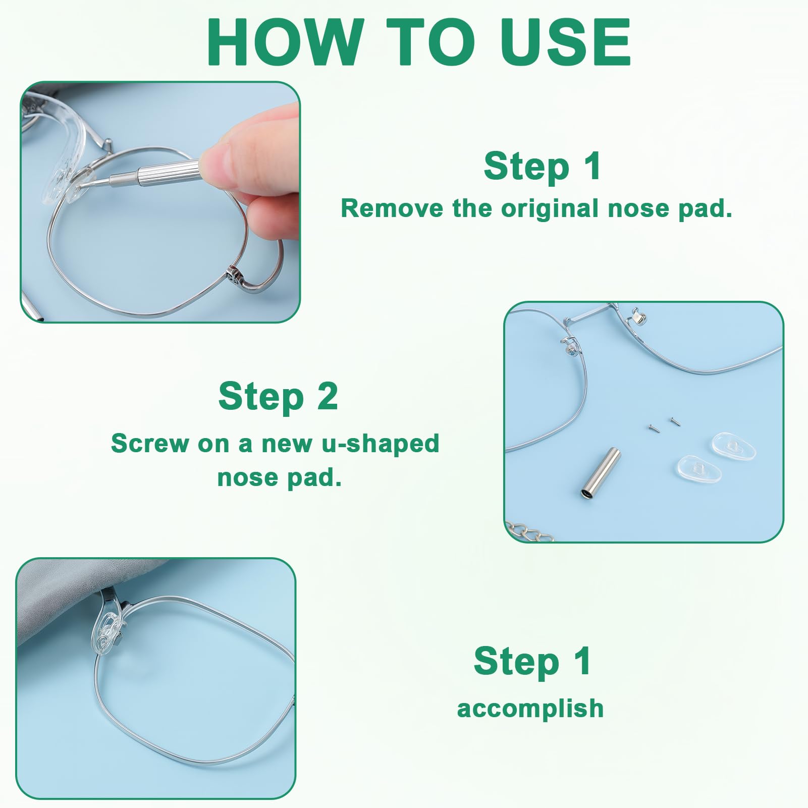 Screw-in nose pads designed for metal or plastic frames
