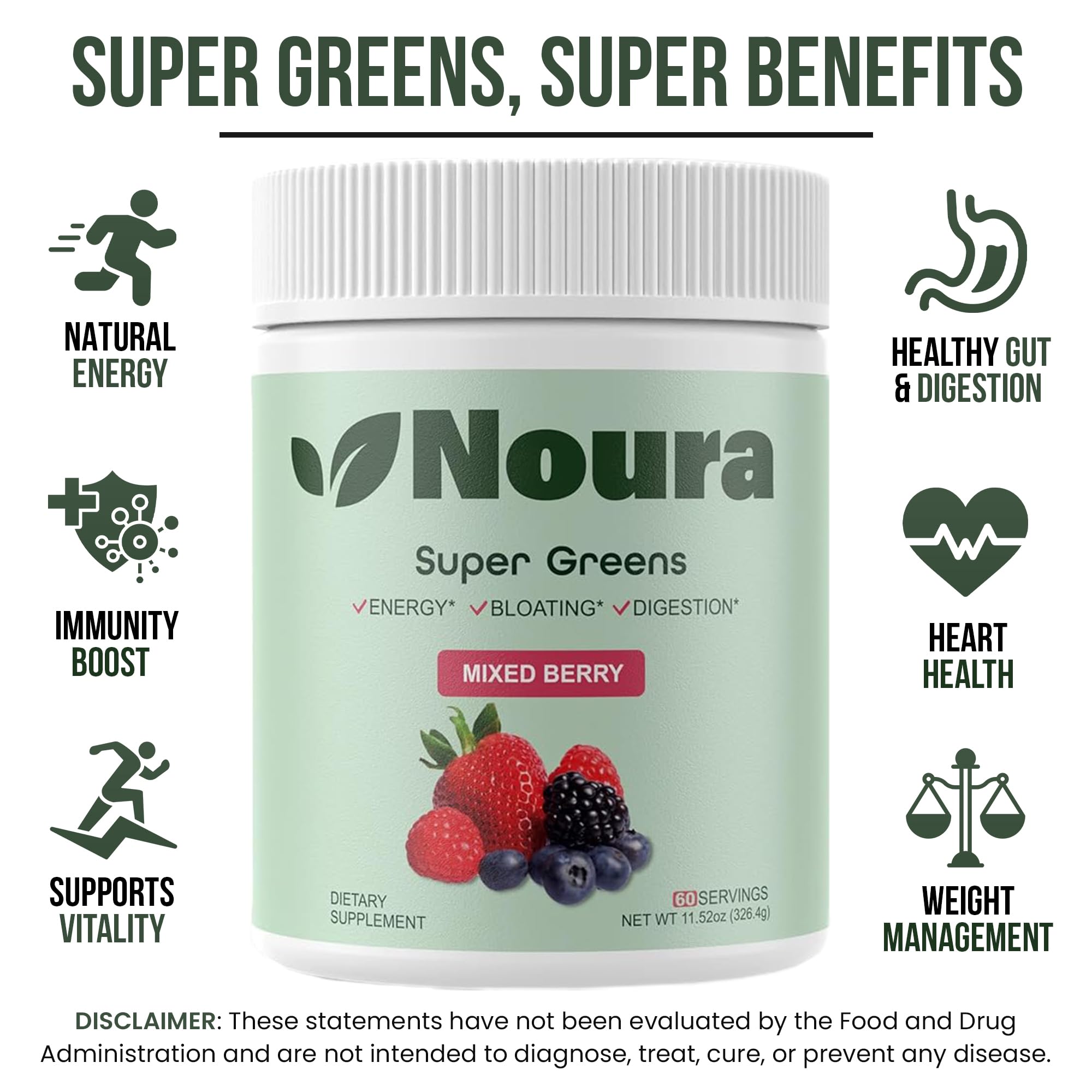 Noura Nutrition Super Greens Powder mixed berry flavor scoop
