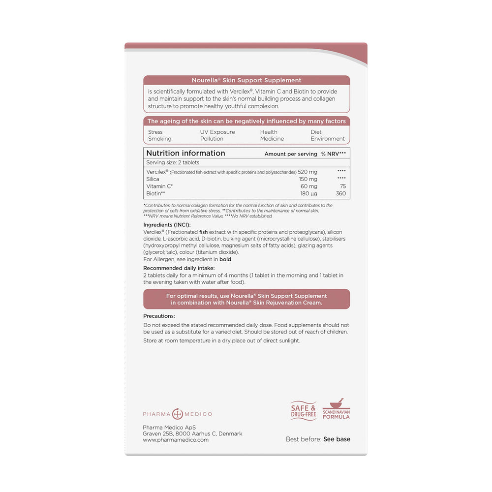 Nourella Skin Support Tablet ingredients Vercilex, vitamin C and biotin