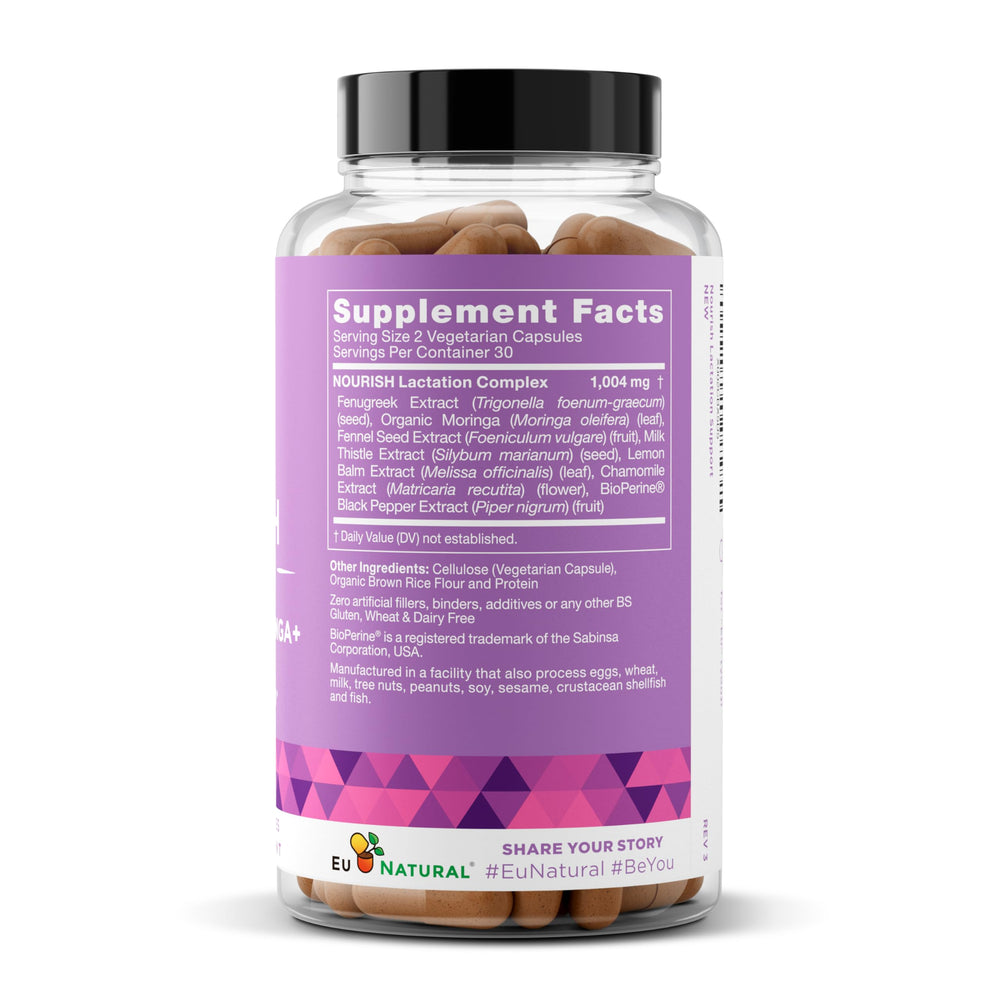 Nourish Lactation packaging and capsules on white background