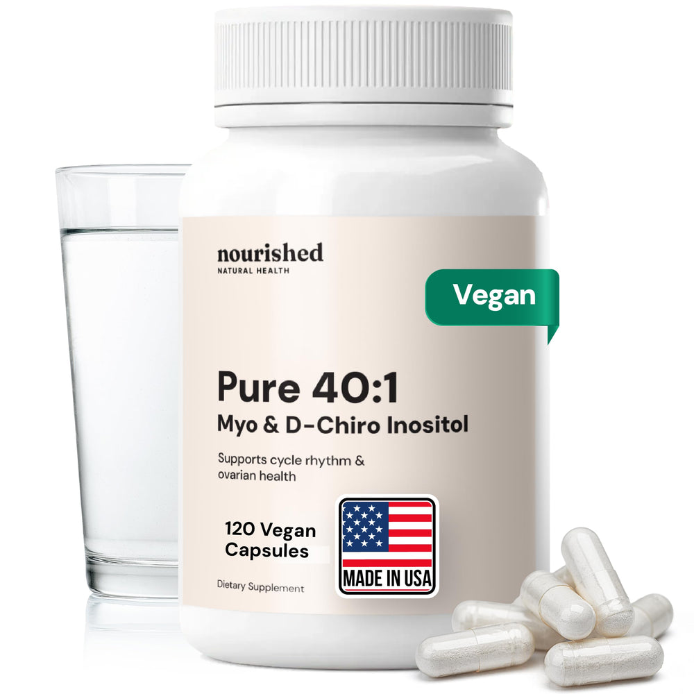 Bottle of Nourished 40:1 Myo-Inositol and D-Chiro Inositol supplement