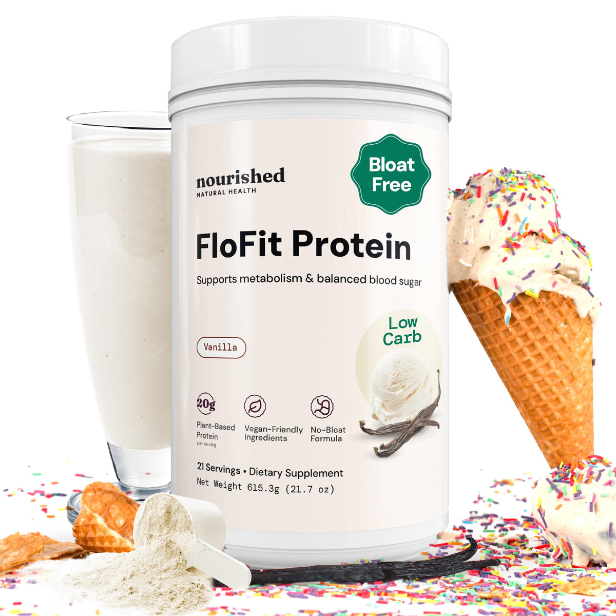 Nourished Natural Health FloFit Pea Protein Bottle Pour provides convenient daily protein fueling.
