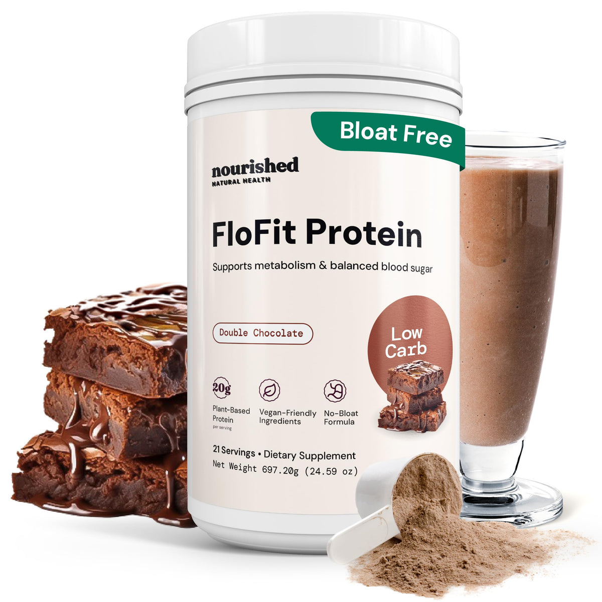 Nourished Natural Health FloFit scoop in shaker highlights convenient protein for busy mornings
