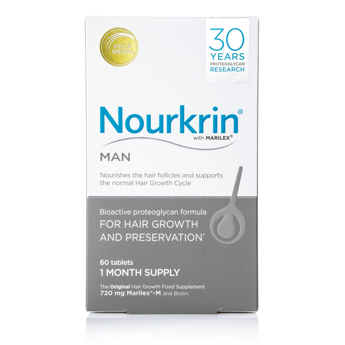 Nourkrin Man 60 tablets bottle demonstrates drug-free support for healthier hair growth