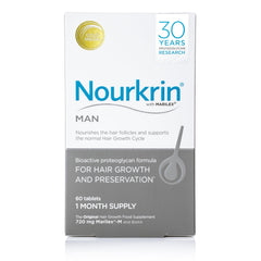 Nourkrin Man 60 tablets bottle demonstrates drug-free support for healthier hair growth