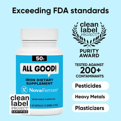 NovaFerrum All Good label close-up showing vegan, gluten-free, kosher, and halal certifications