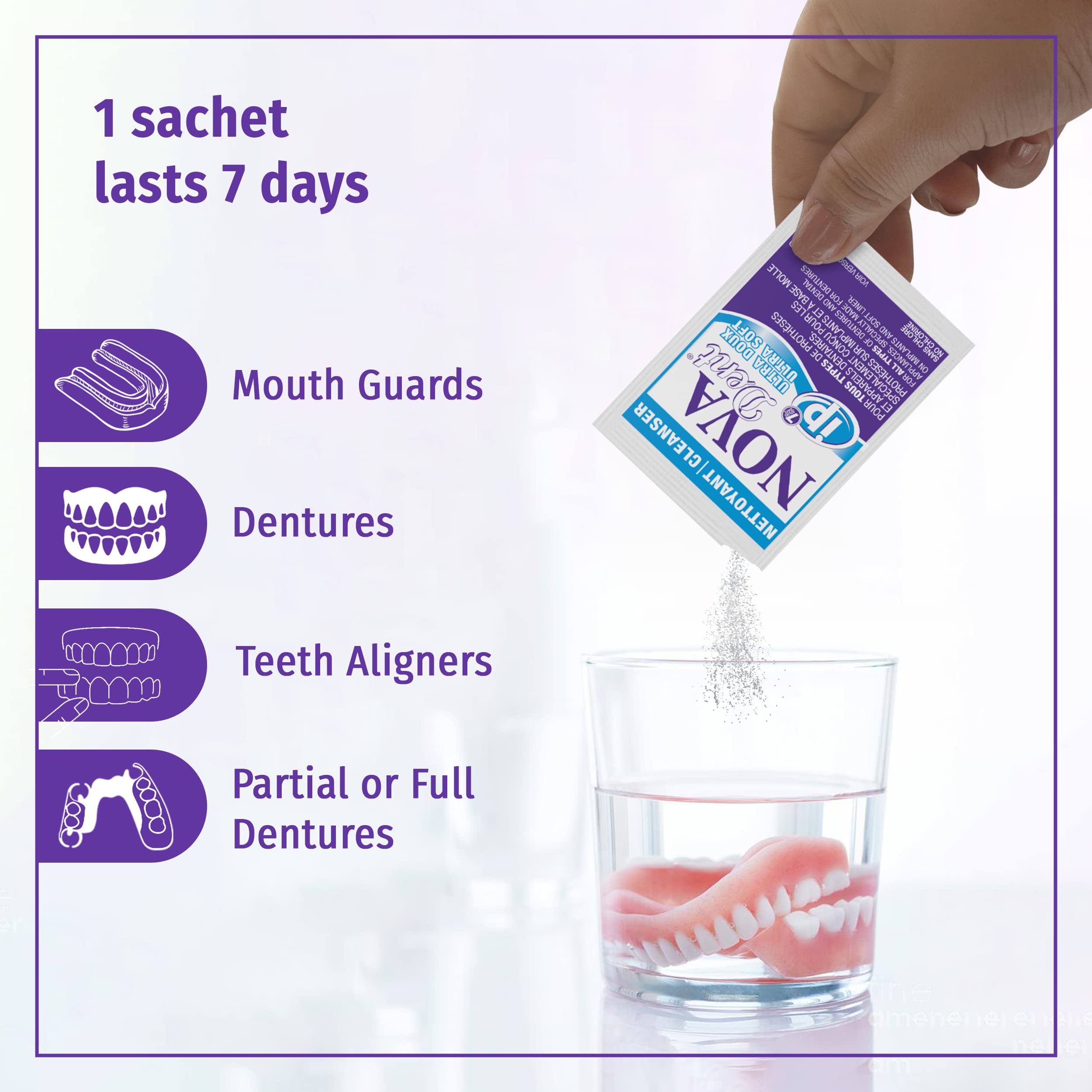 Prepared cleaning solution in ¾ cup warm water with Novadent sachet