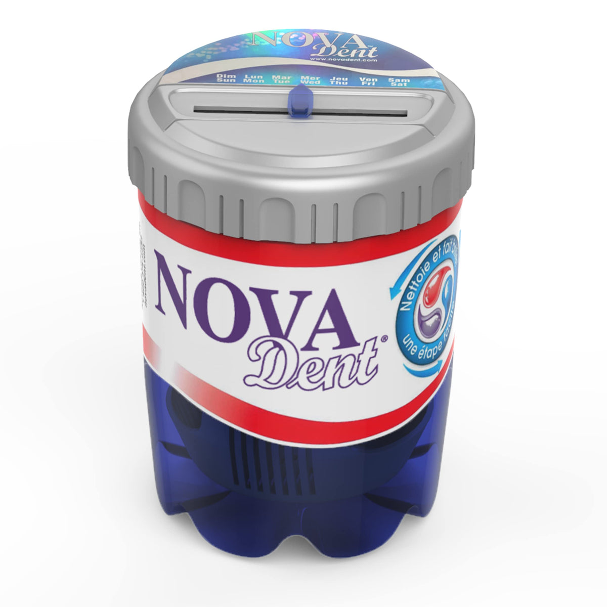 Novadent soaking bath cleaning container with day reminder lid and microfilter basket
