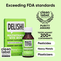 NovaFerrum Delish packaging showing vegan verified and gluten free