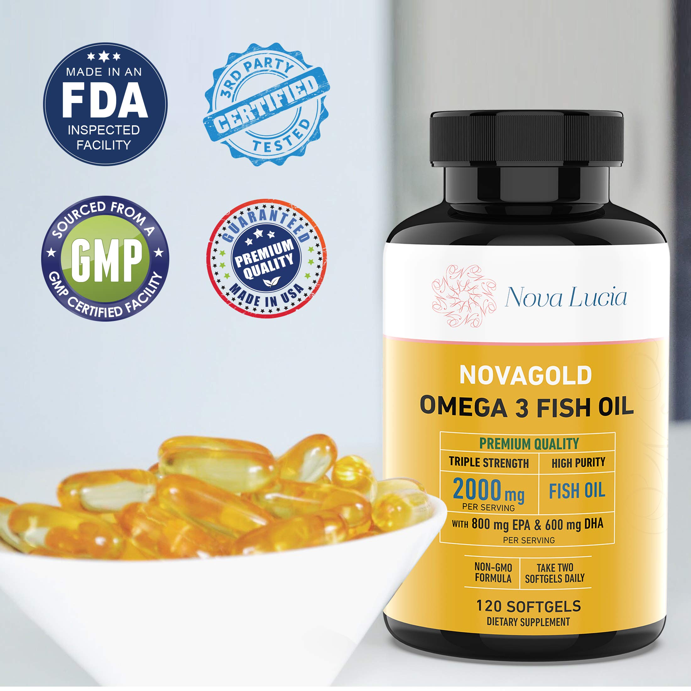 Bottle showing 120 liquid capsules of NovaGold Omega-3
