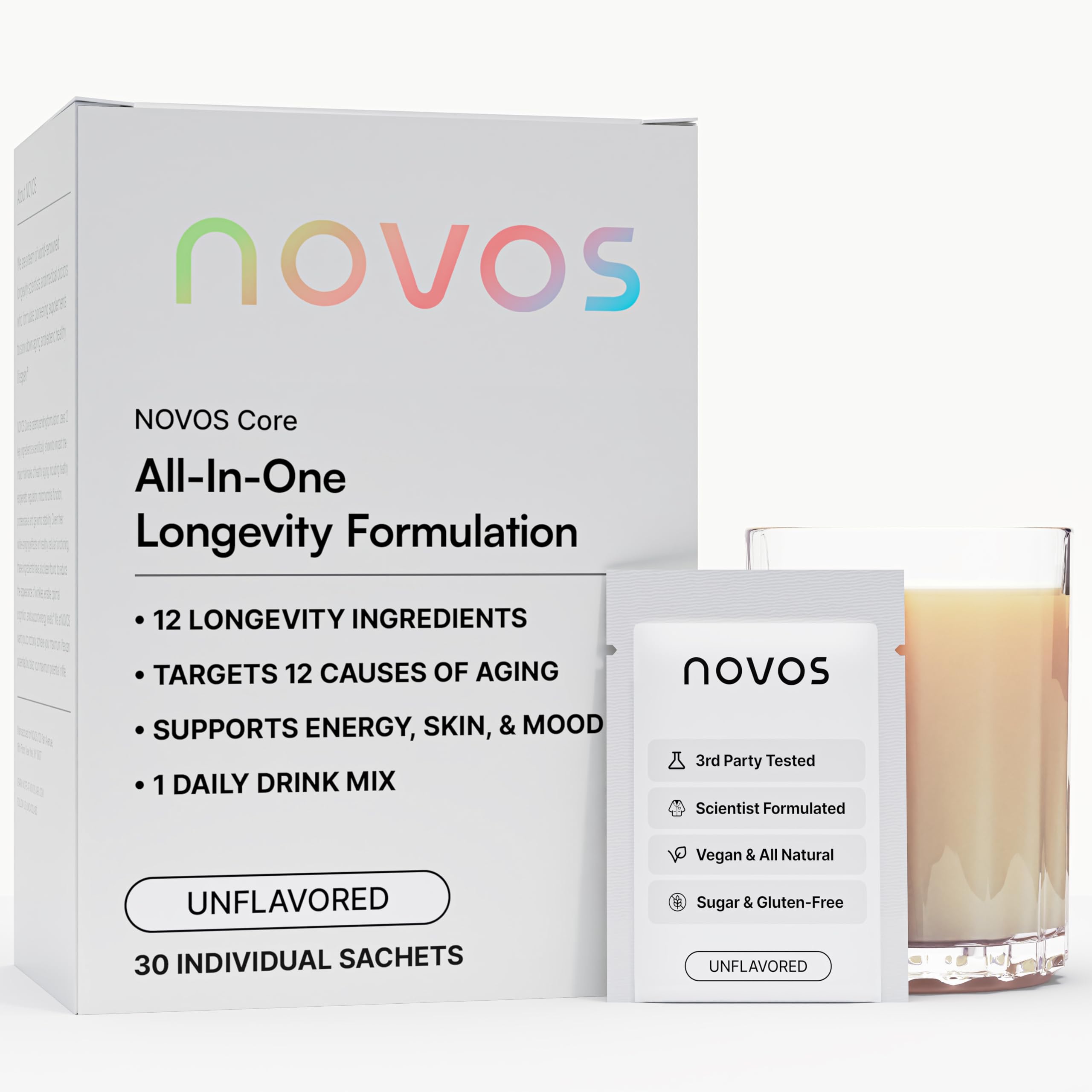 NOVOS Core Longevity Mix sachet and powder packaging