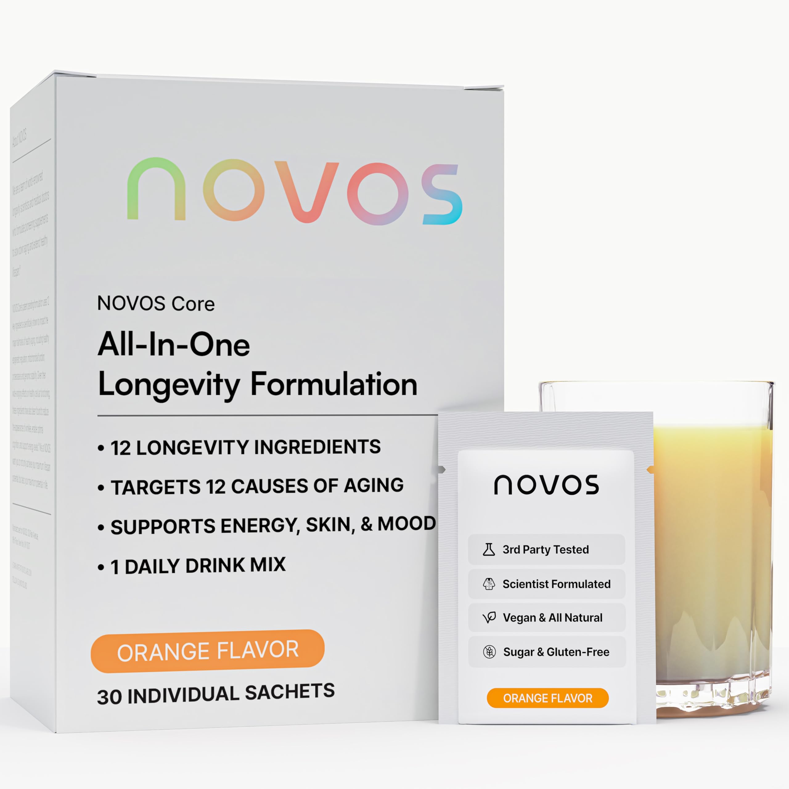 NOVOS Core Longevity Mix orange-flavored powder dissolving in water