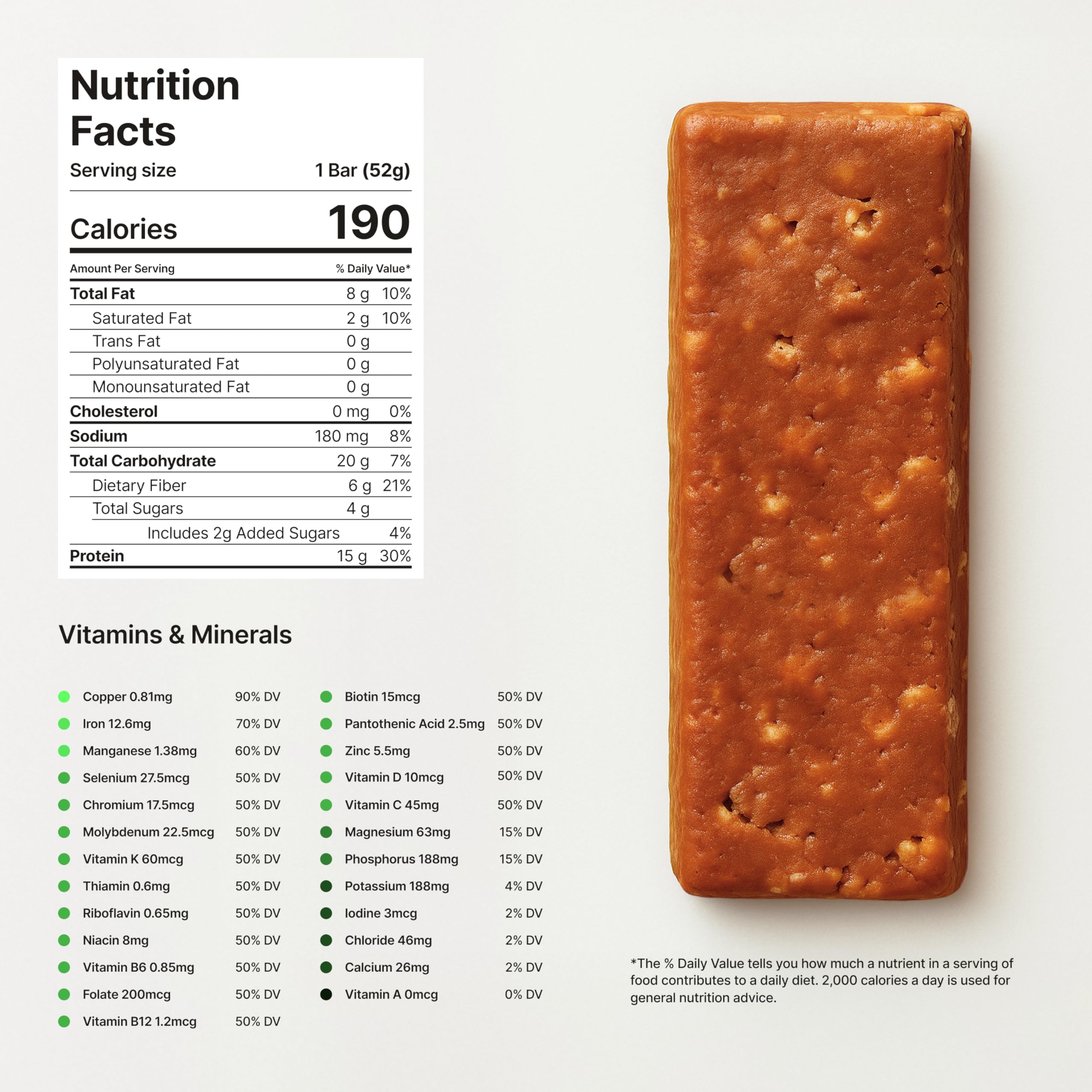 Novos Longevity Bar ingredients and nutrition chart highlights micro-nutrition balance.