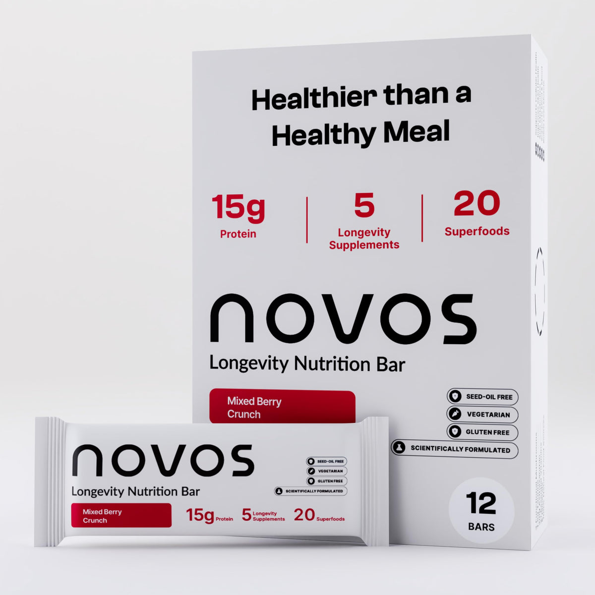 Novos Longevity Bar mixed-berry-crunch packaging offers convenient energy for busy days.