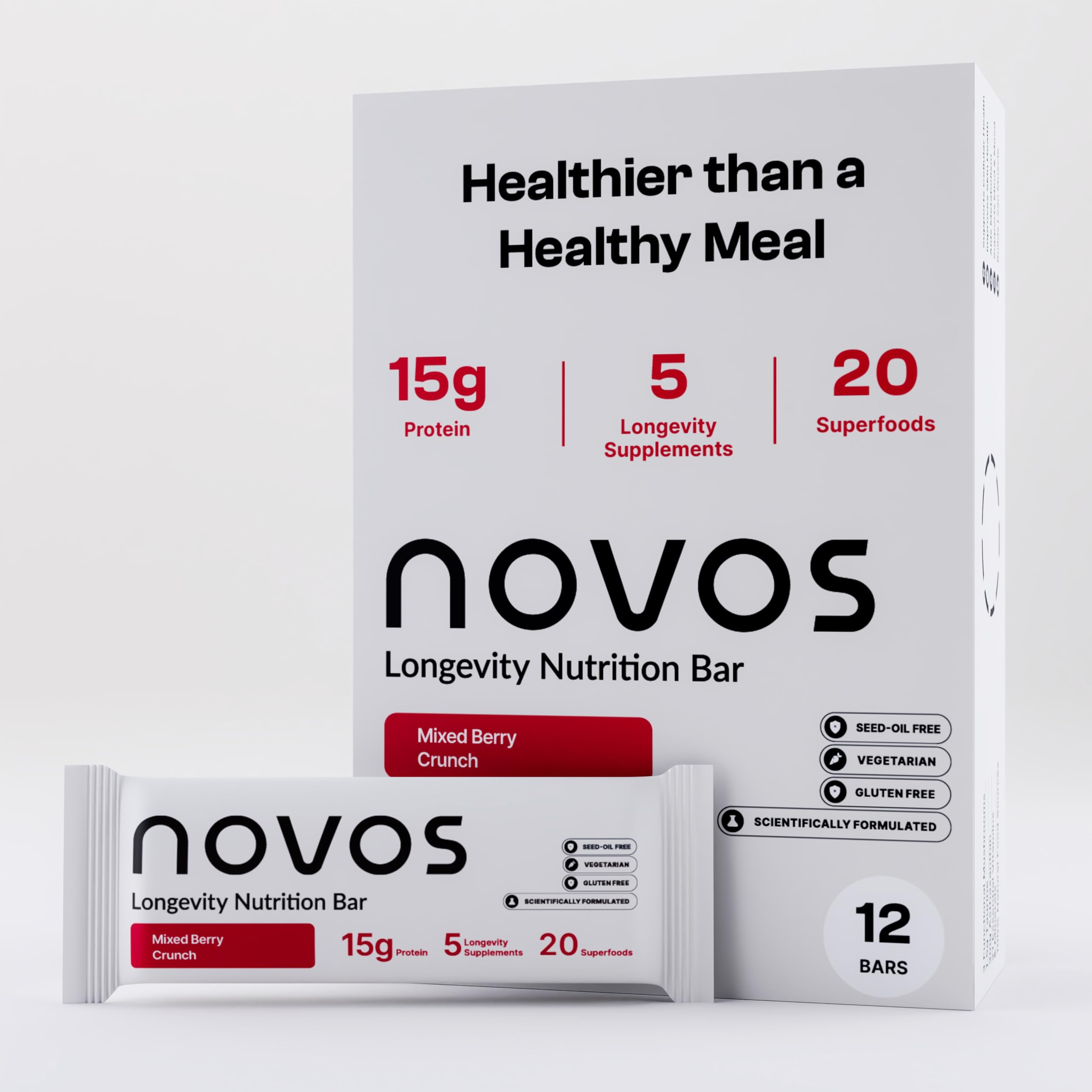 Novos Longevity Bar mixed-berry-crunch packaging offers convenient energy for busy days.