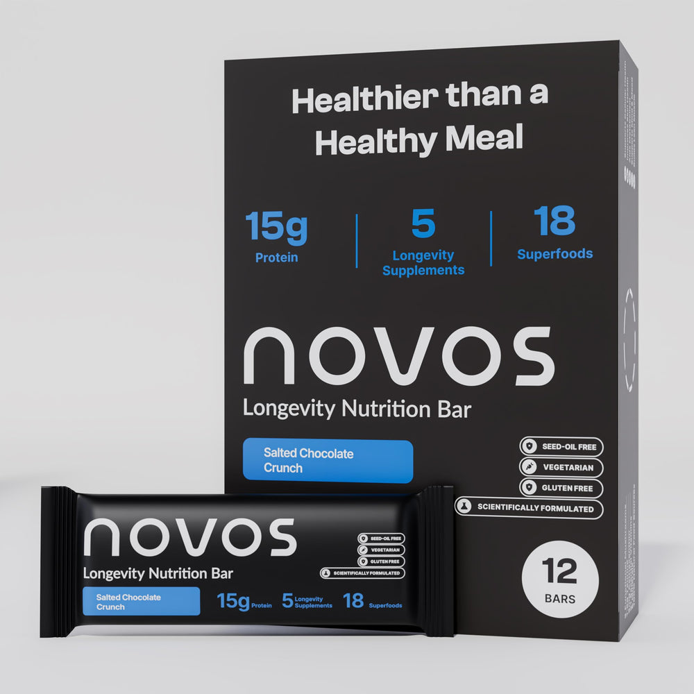 Packaging for Novos Longevity Meal Bar Salted Chocolate Crunch
