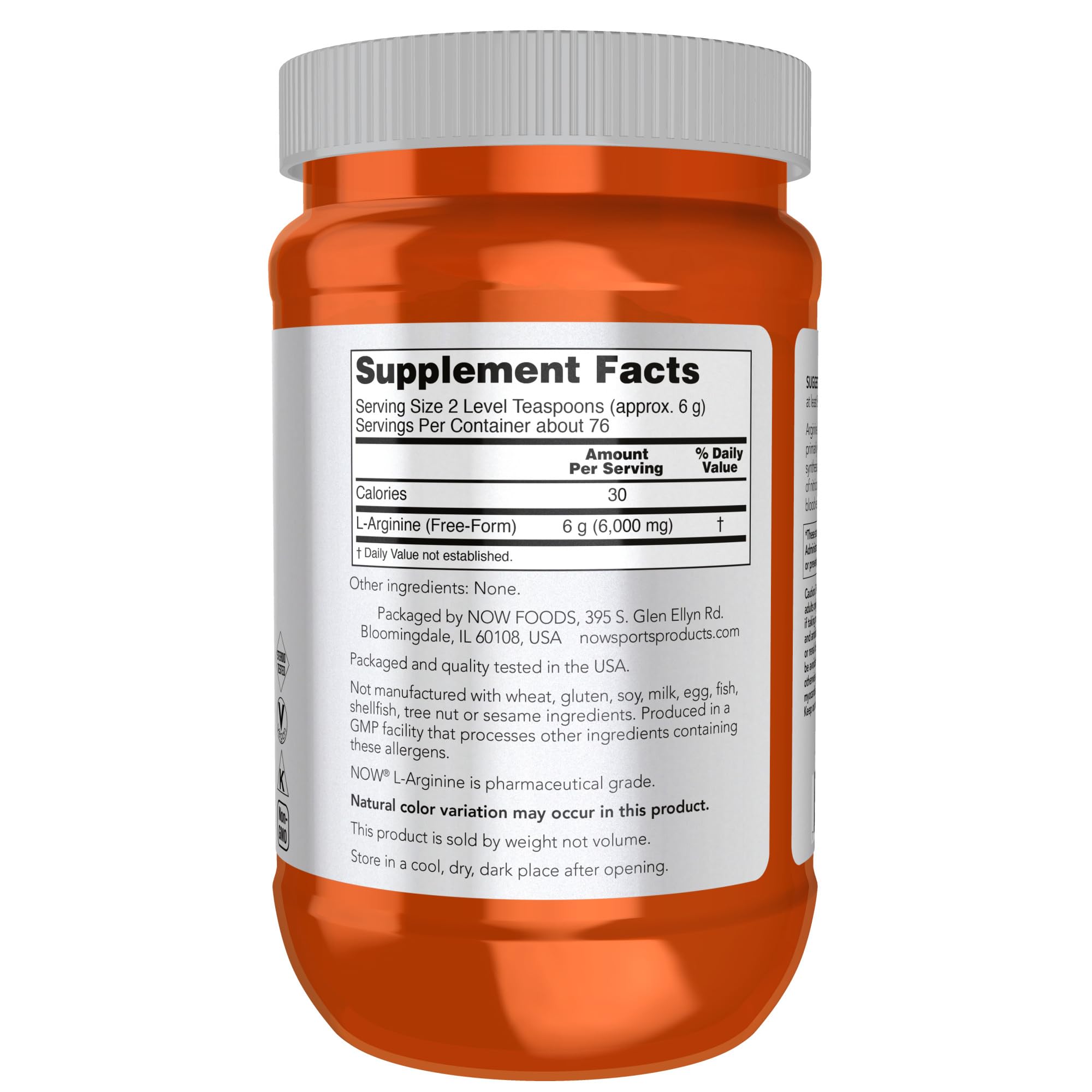 NOW L-Arginine powder 1 lb back label